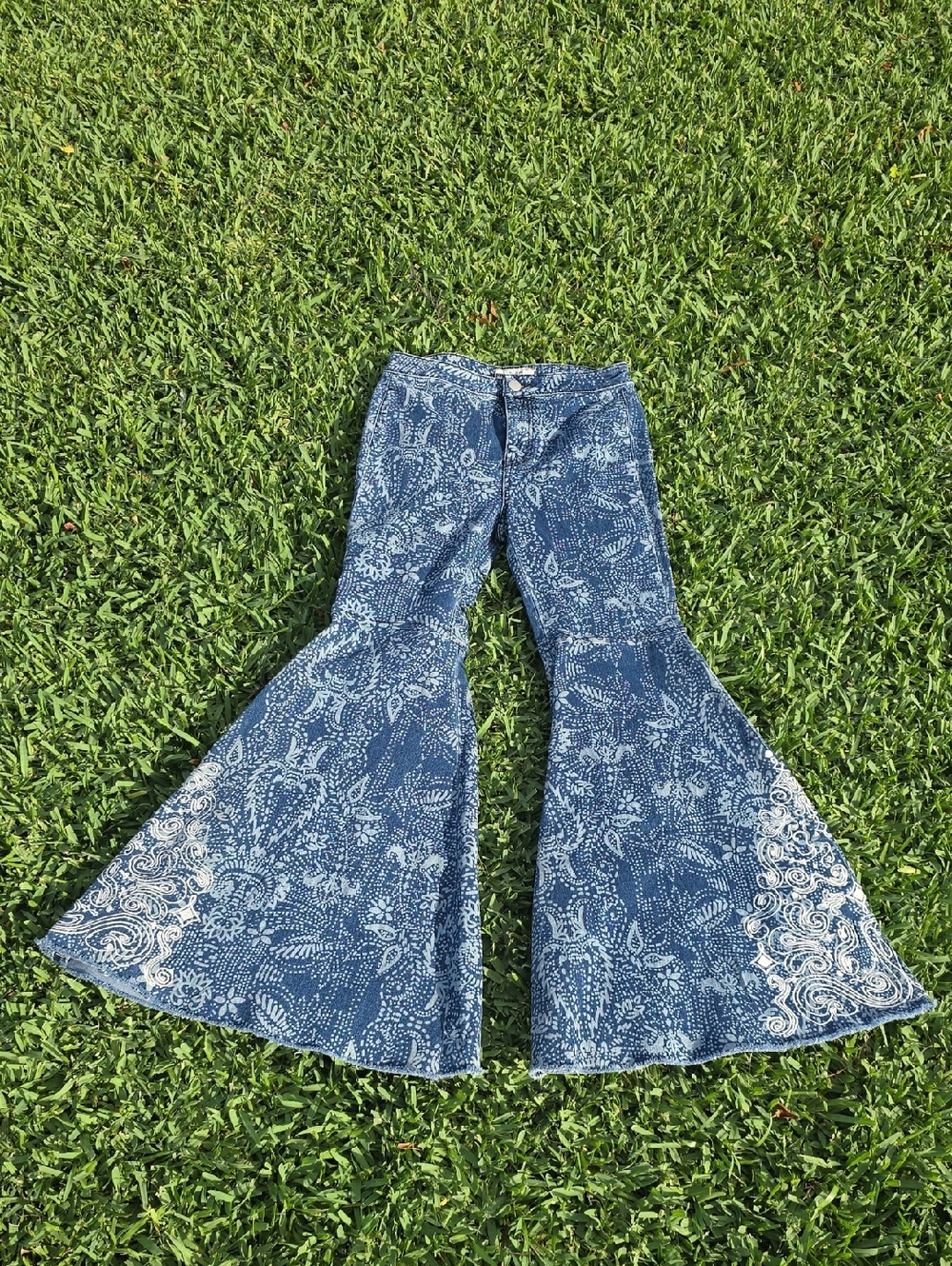 Free People Indigo Blue Floral Paisley Flare Jeans